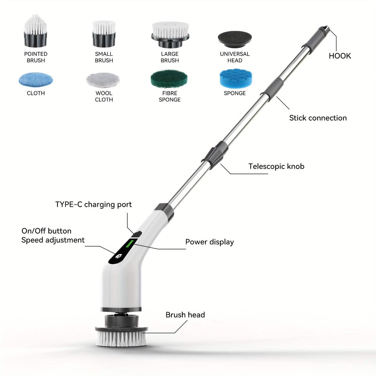 Electric Rotary Scrubber with Replaceable 8 Brush Heads and Adjustable Extension Handle