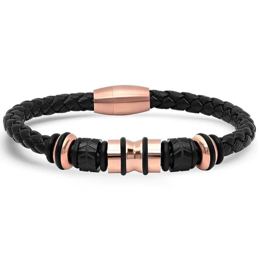 Genuine Black Leather Braided Bracelet With Stainless Steel Accents for Men