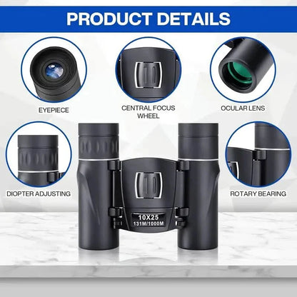 High Powered Mini Pocket Binoculars 10x25 with Phone Adapter – Compact, Lightweight, Portable – Black
