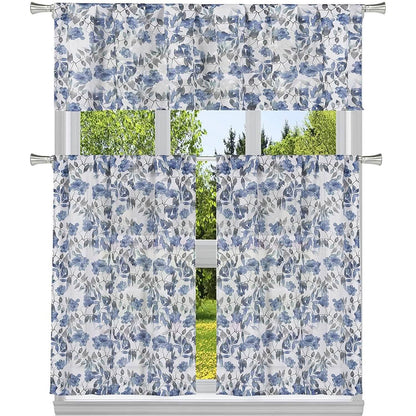 3-Piece: Chic Floral Pattern Semi-Sheer Kitchen Curtain Tier and Valance Set
