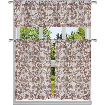 3-Piece: Chic Floral Pattern Semi-Sheer Kitchen Curtain Tier and Valance Set