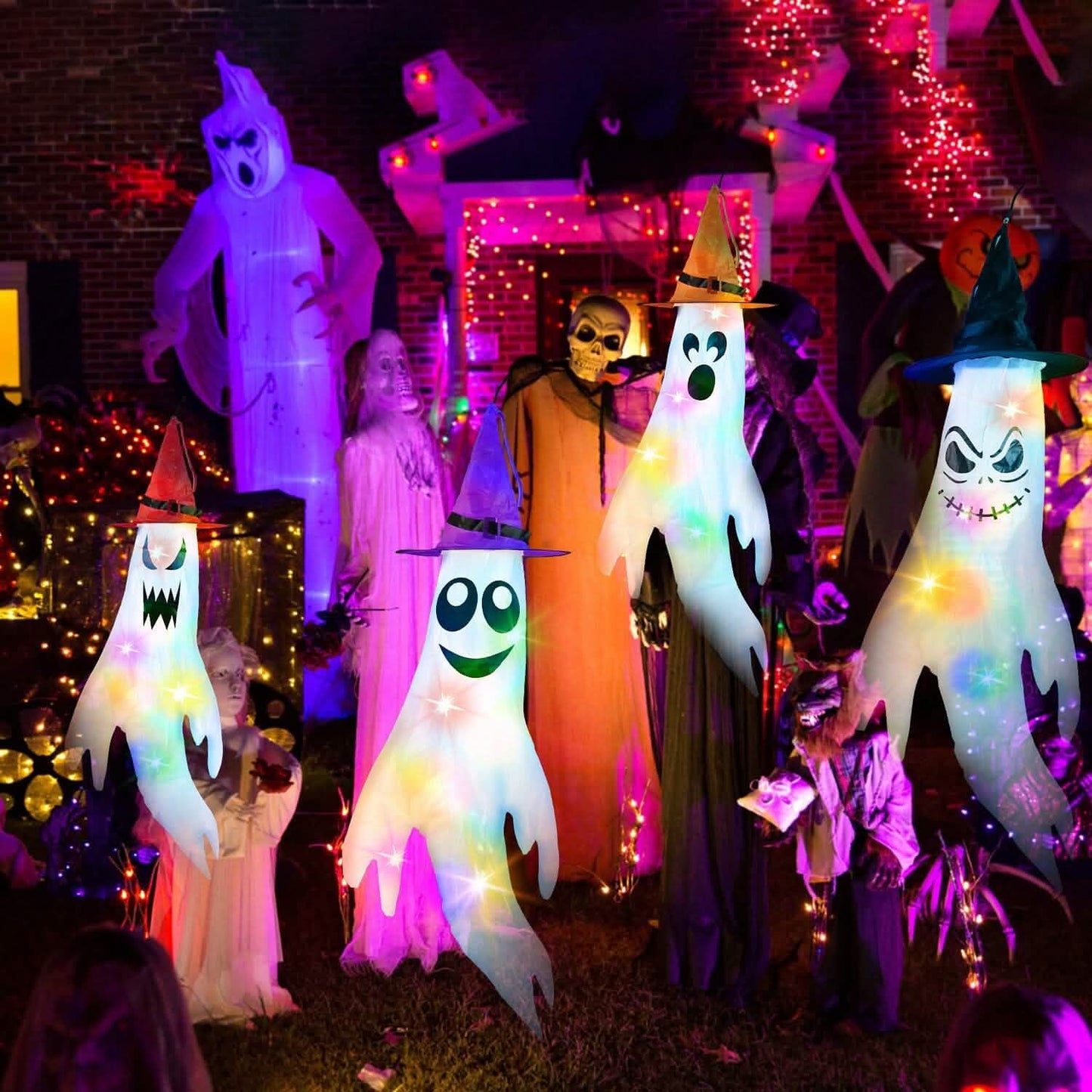4-Pieces: Halloween Ghosts with Witch Hats Windsocks Hanging Decoration with Colorful LED Light