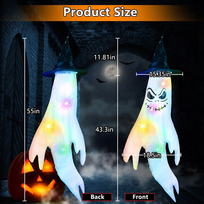 4-Pieces: Halloween Ghosts with Witch Hats Windsocks Hanging Decoration with Colorful LED Light