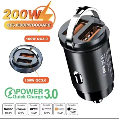 2025 200W mini car charger fast charging for iPhone QC3.0 mini PD USB Type C car mobile phone charger for Xiaomi Samsung Huawei