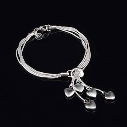 .925 Sterling Silver Five-Line Chain with Five-Heart Bracelet
