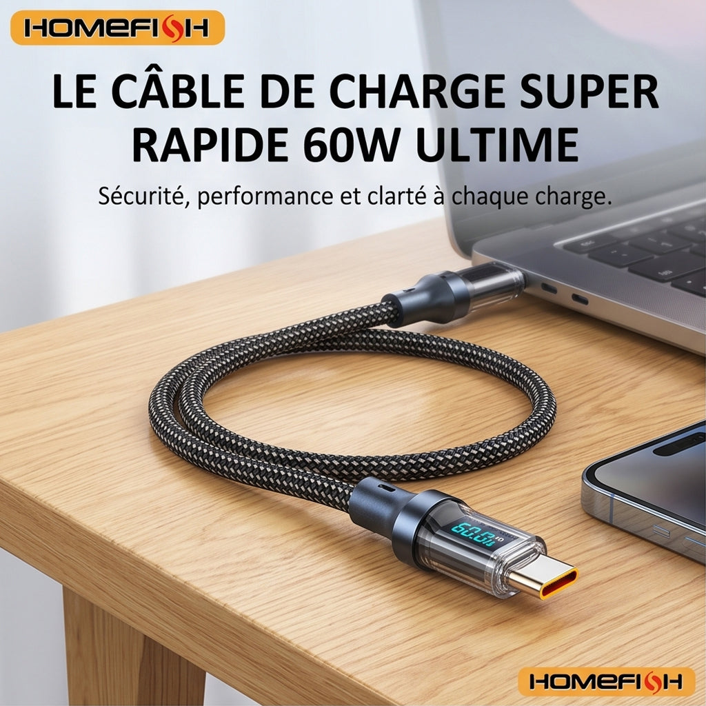 HOMEFISH 60W USB-C Super Fast Charging Cable with Digital Display, Braided Anti-Fracture Wire, Maximum Compatible with 120W