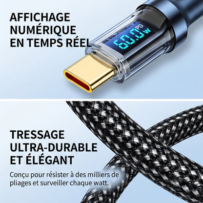 HOMEFISH 60W USB-C Super Fast Charging Cable with Digital Display, Braided Anti-Fracture Wire, Maximum Compatible with 120W