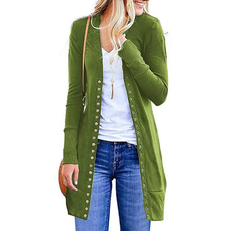 Halife Women's Long Sleeve Snap Button Down Knit Ribbed Neckline Cardigan Sweater