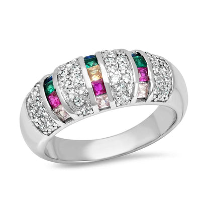 Ladies 18K White Gold Plated Brass Simulated Multi Colored Diamond Ring