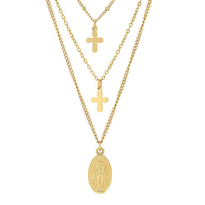 Ladies 3 Chain Necklace with Our Lady of Guadalupe and Cross Charms