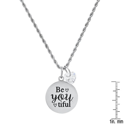 Ladies Stainless Steel Be You Tiful Round Pendant Adorned with Heart Shaped Swarovski Crystal Charm