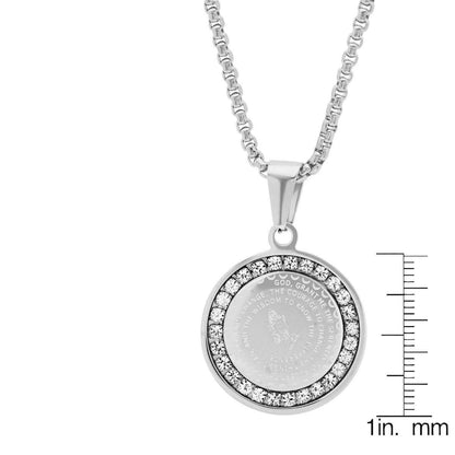 Ladies Stainless Steel Serenity Prayer Round Pendant with Simulated Diamonds