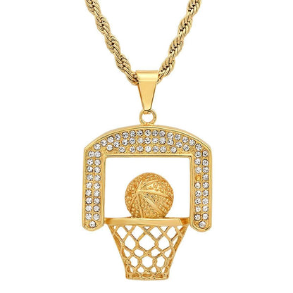 Men's 18k Gold Plated Stainless Steel and Simulated Diamonds Basketball Pendant