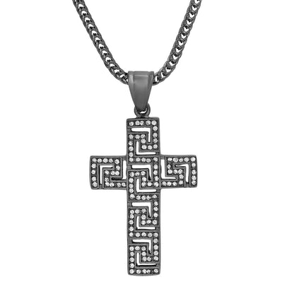 Men's Black IP Stainless Steel and Simulated Diamonds Cross Pendant