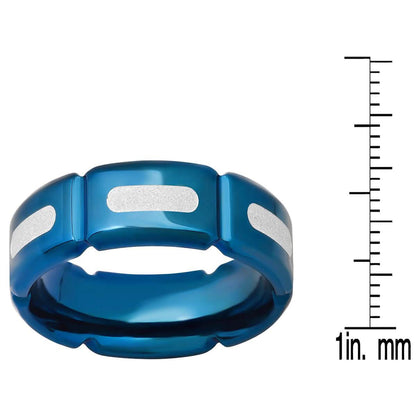 Men's Blue IP Stainless Steel and White Silver Glittery Film Band Ring