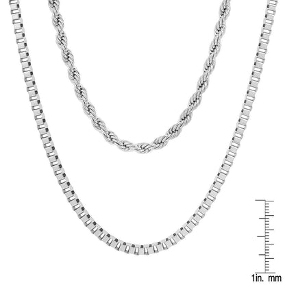 Men's Box Chain and Rope Chain Double Row Necklace