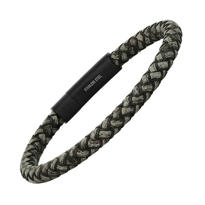 Men's Braided Black/Gray Leather and Black IP Stainless Steel Clasp Bracelet