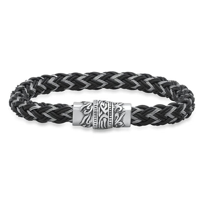 Men's Stainless Steel and Black Leather Braided Bracelet
