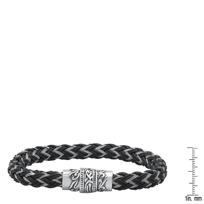 Men's Stainless Steel and Black Leather Braided Bracelet