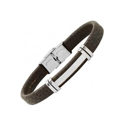Men's Stainless Steel and Brown Leather ID Bracelet