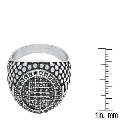 Men's Stainless Steel, Black IPand Gray CZ Pebble & Greek Key Accented Ring