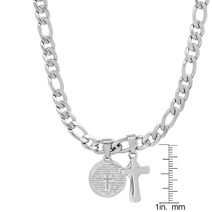 Men's Stainless Steel Cross and Our Father Prayer Round Pendant