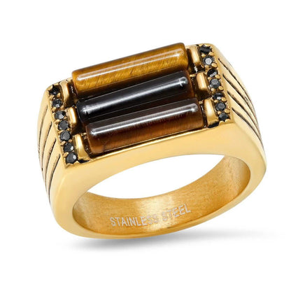 Men's Stainless Steel Tiger Eye And Gray CZ Square Ring