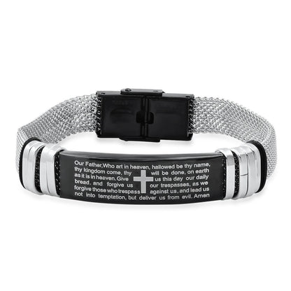 Men's Two Tone Stainless Steel and Black IP Our Father Prayer Mesh Bracelet