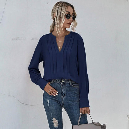Notched Neck Pleated Decoration Blouse