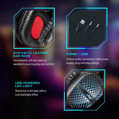 PBX Pulse 7 Elite Comfort Gaming Headset | Over-Ear LED Headphones with Mic