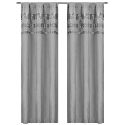 Set of 2: Velvet Metallic Stripe Border Blackout Window Curtain Pair Panel