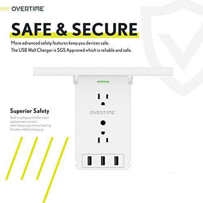 Universal Wall Charger and Outlet Shelf, 6x Outlet Extender, Surge Protector, 3x USB Port