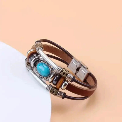 Vintage Style Green Turquoise Beaded PU Leather Stainless Steel Buckle Bracelet