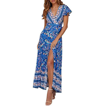 Women's Bohemian Floral Printed Wrap V Neck Maxi Dress