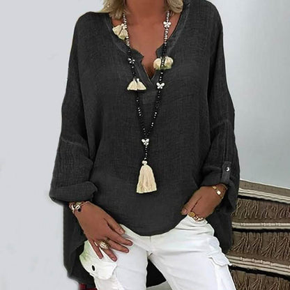 Women's Solid Colored Long Sleeve Button V Neck Basic Top